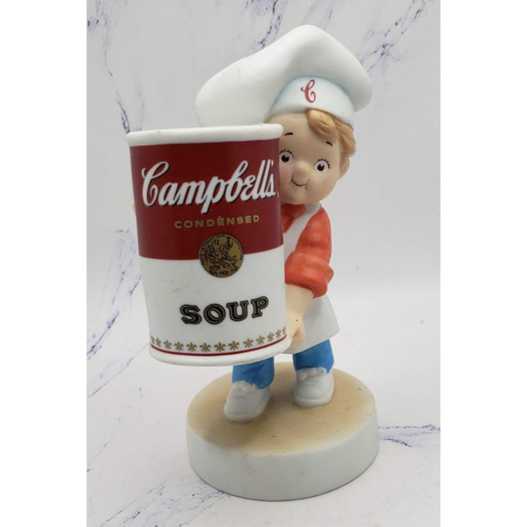Vintage 2003 Campbells Soup Kid Figurine Boy Holding Soup Can Porcelain 4.5 Inch - Picture 1 of 9
